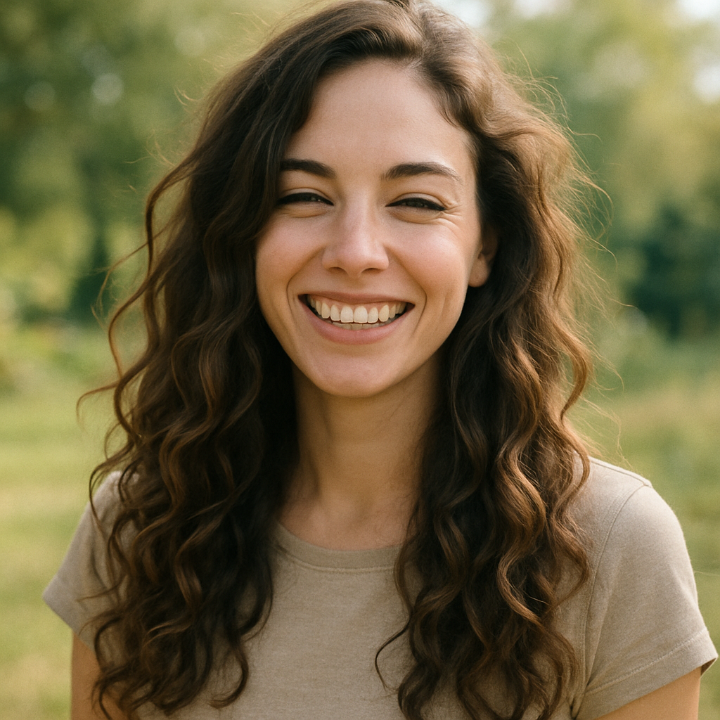 Woman with beautiful, long wavy hair smiling outdoors