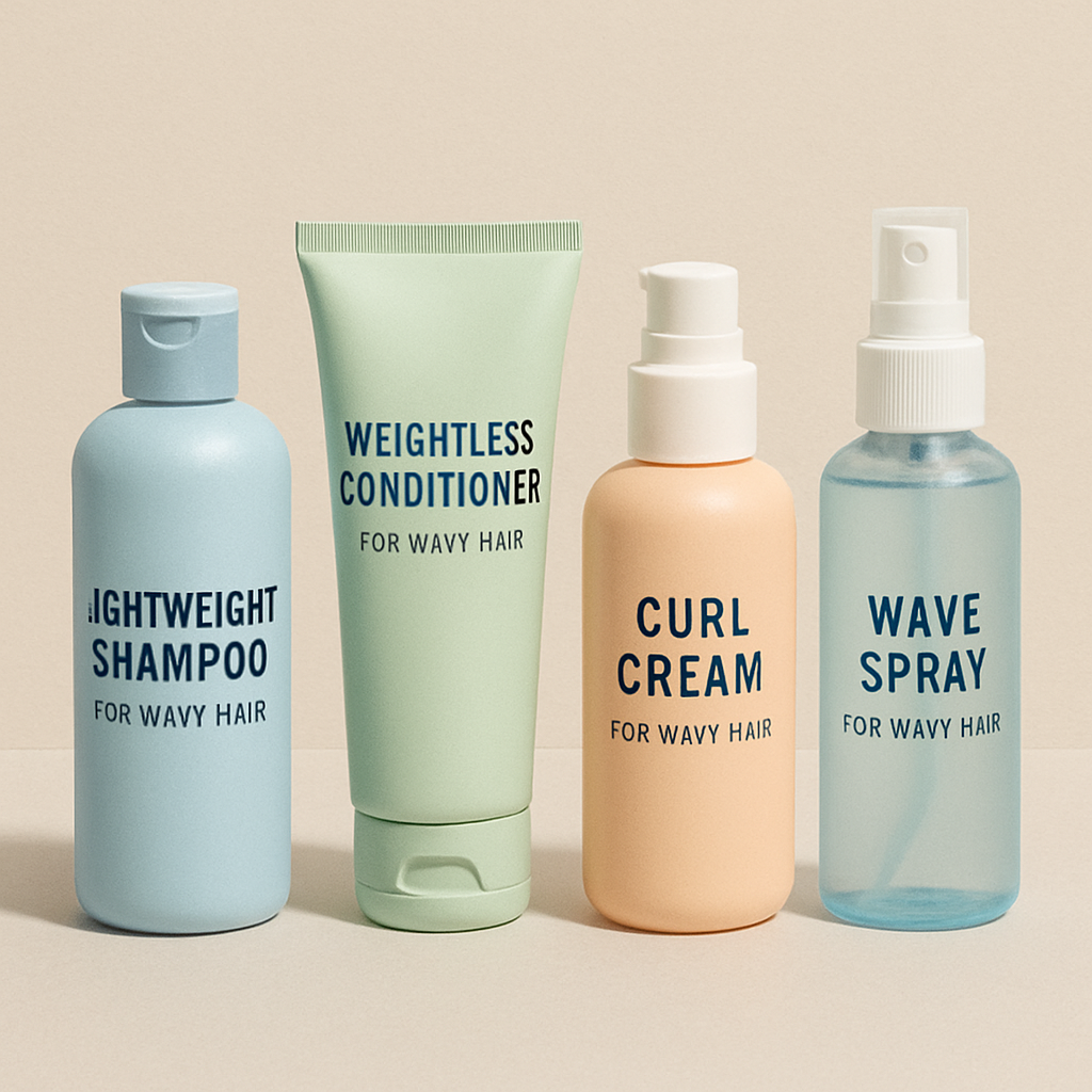 A lineup of lightweight hair styling products for wavy hair