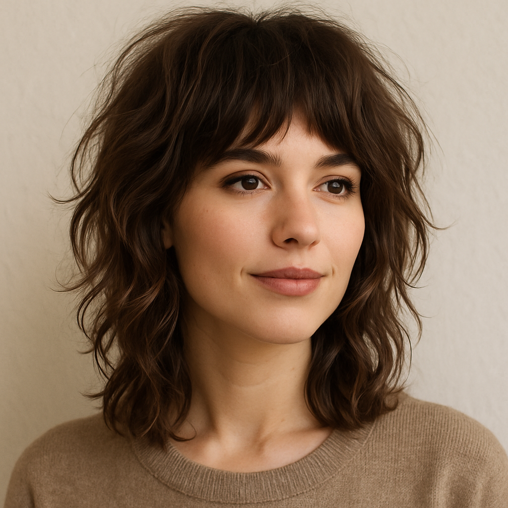 Woman with a trendy modern shag haircut for wavy hair