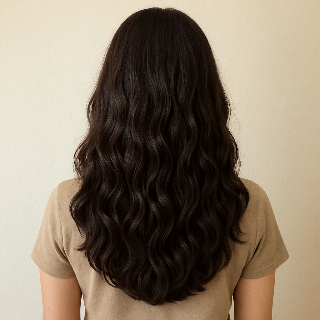 Back view of thick wavy hair cut into a smooth U-shape